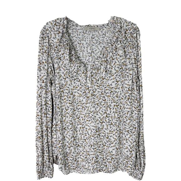 Loft white tan floral cottagecore ruffle button blouse top medium - Picture 1 of 8